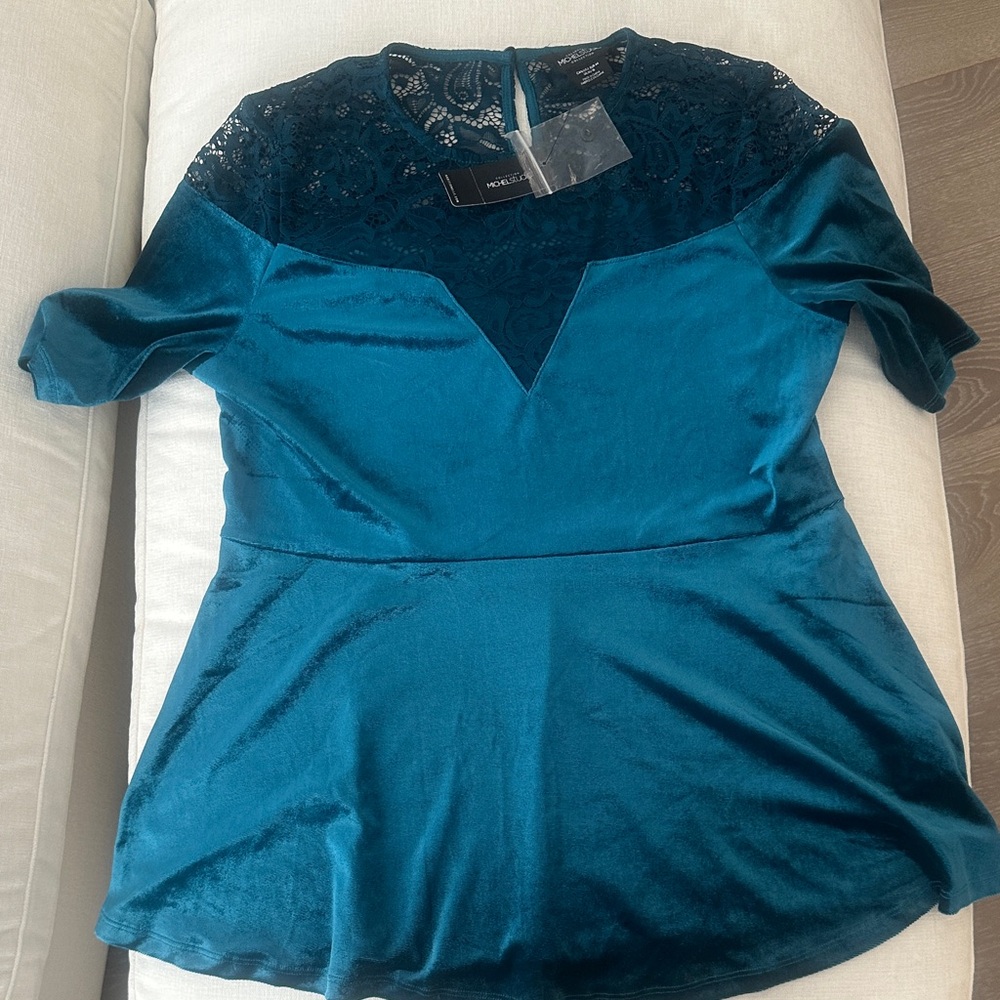 NWT Michel Studio Teal Lace & Velour Peplum Top - Size X